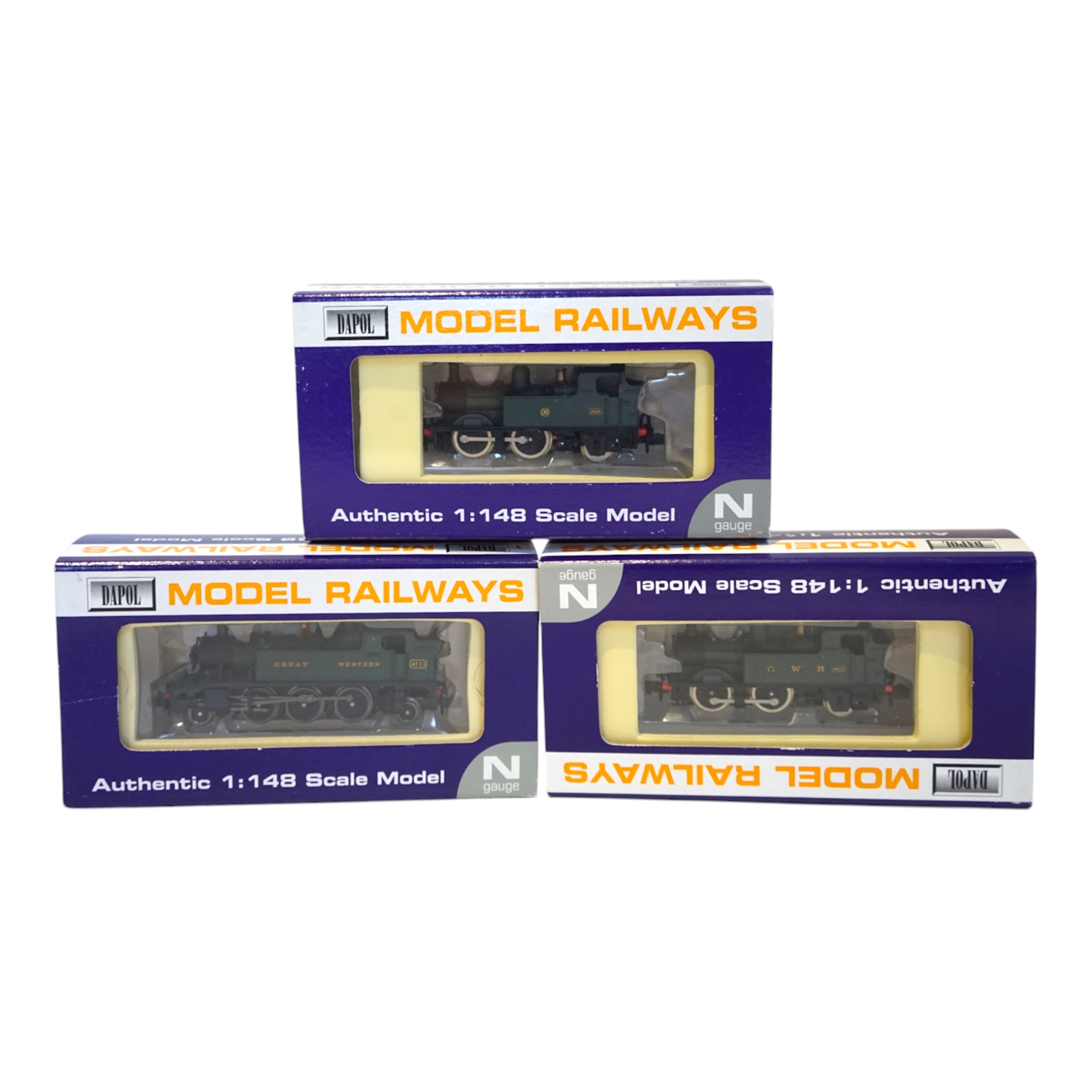 Three boxed Dapol N gauge railway GWR tank locomotives; a Class 45xx, 4523 (ND-014), a Class 14xx, 1420 (ND004), and a Class 14xx, 1425 (ND001). Condition - good.